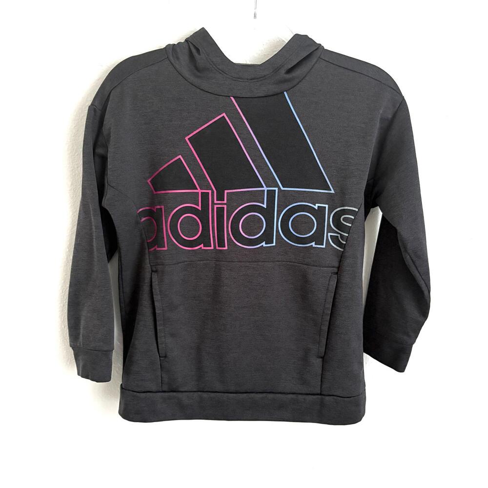 Adidas | Girls Black Charcoal Hoodie Sweatshirt Pink Blue Logo Wording Size 14
